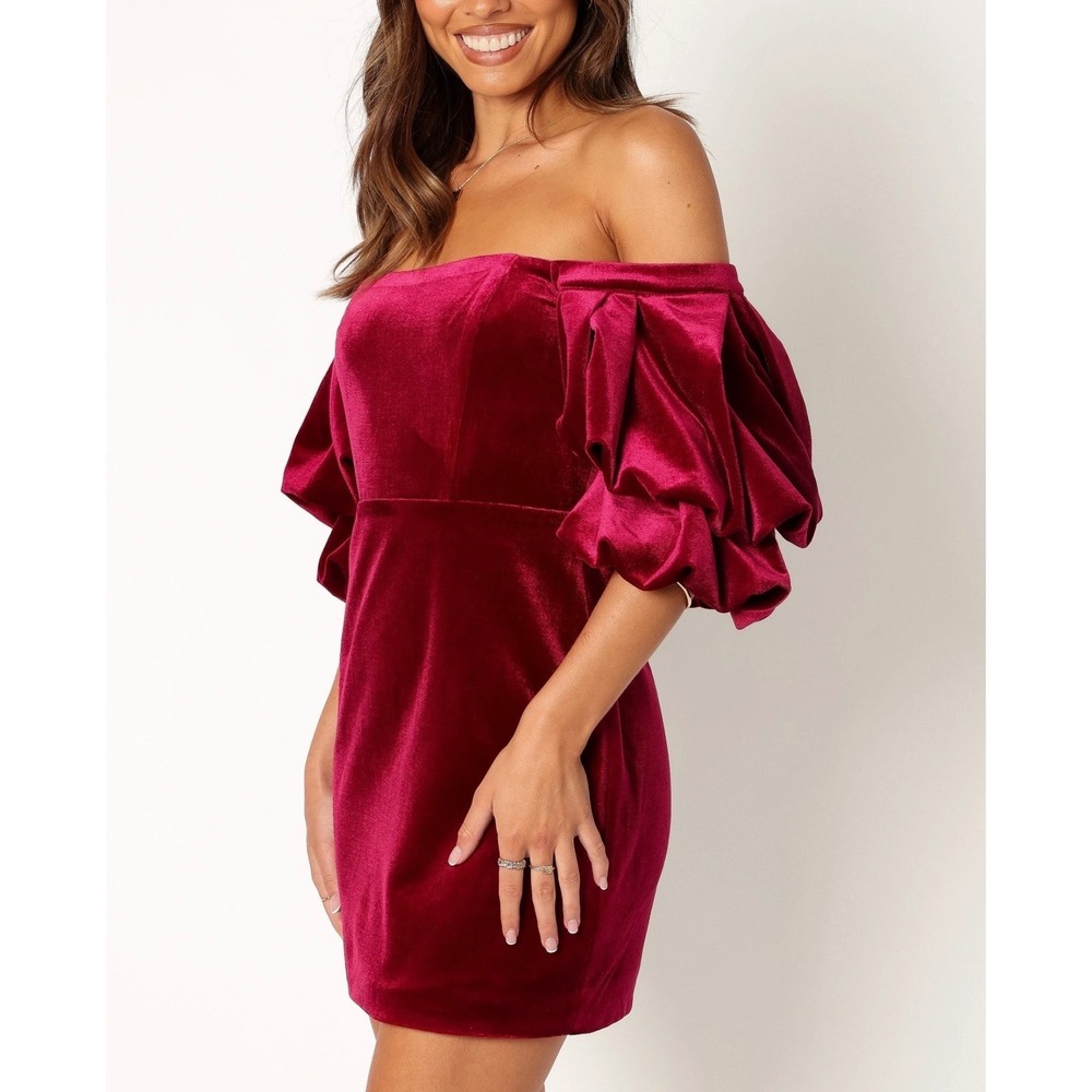 Petal + Pup Berry Red Velvet Puff Sleeve Mini Dress Off The Shoulder Small